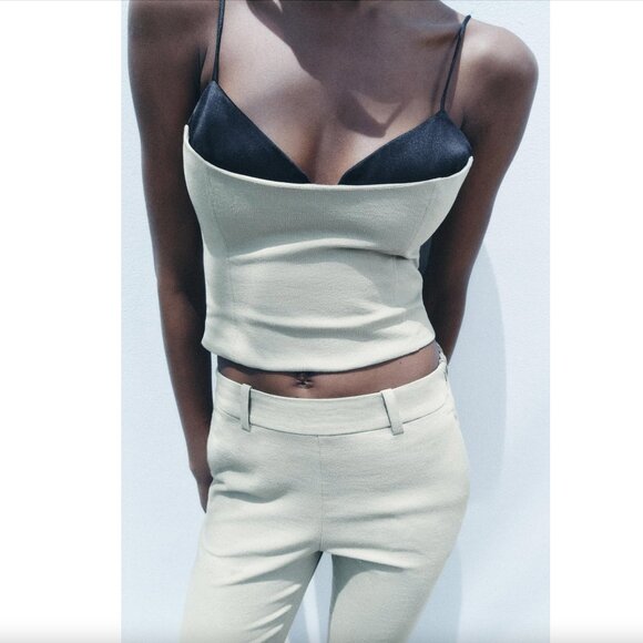 BLOGGER'S FAVE! Zara 2 Piece Flared Pants And Matching Tank Top Set Khaki NWT - Picture 3 of 14